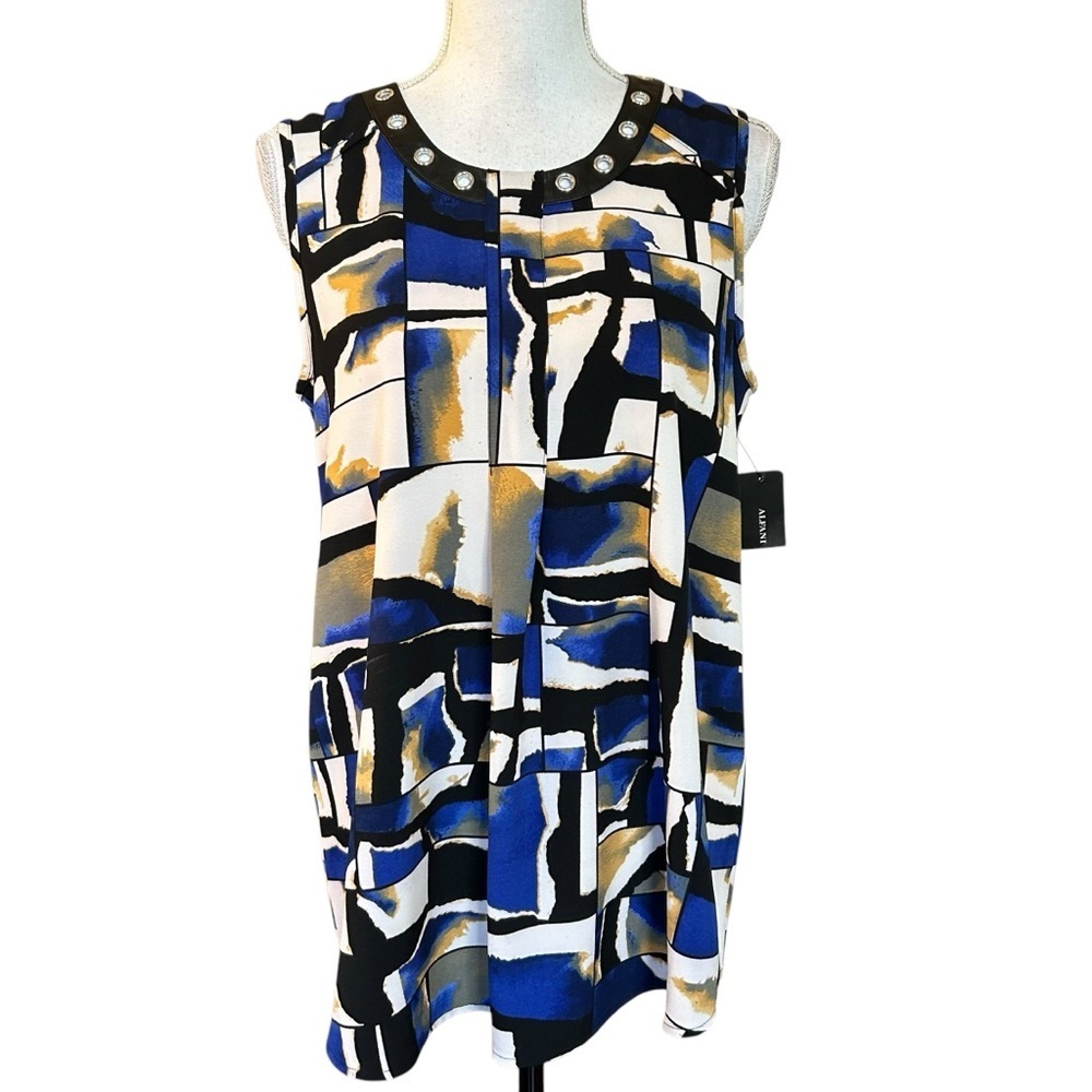 NWT Alfani Geometric Sleeveless Faux Leather Trim Tank Top SZ‎ 8 Modern Collage
